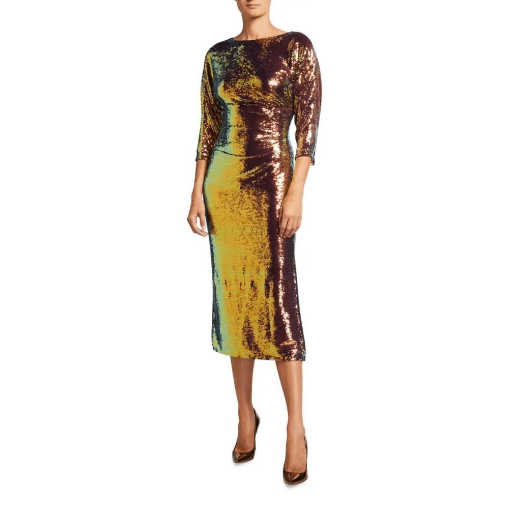 LAPOINTE Sequin Ruched Column Midi Dress Half Sleeves Gold Orange Women's Size 6